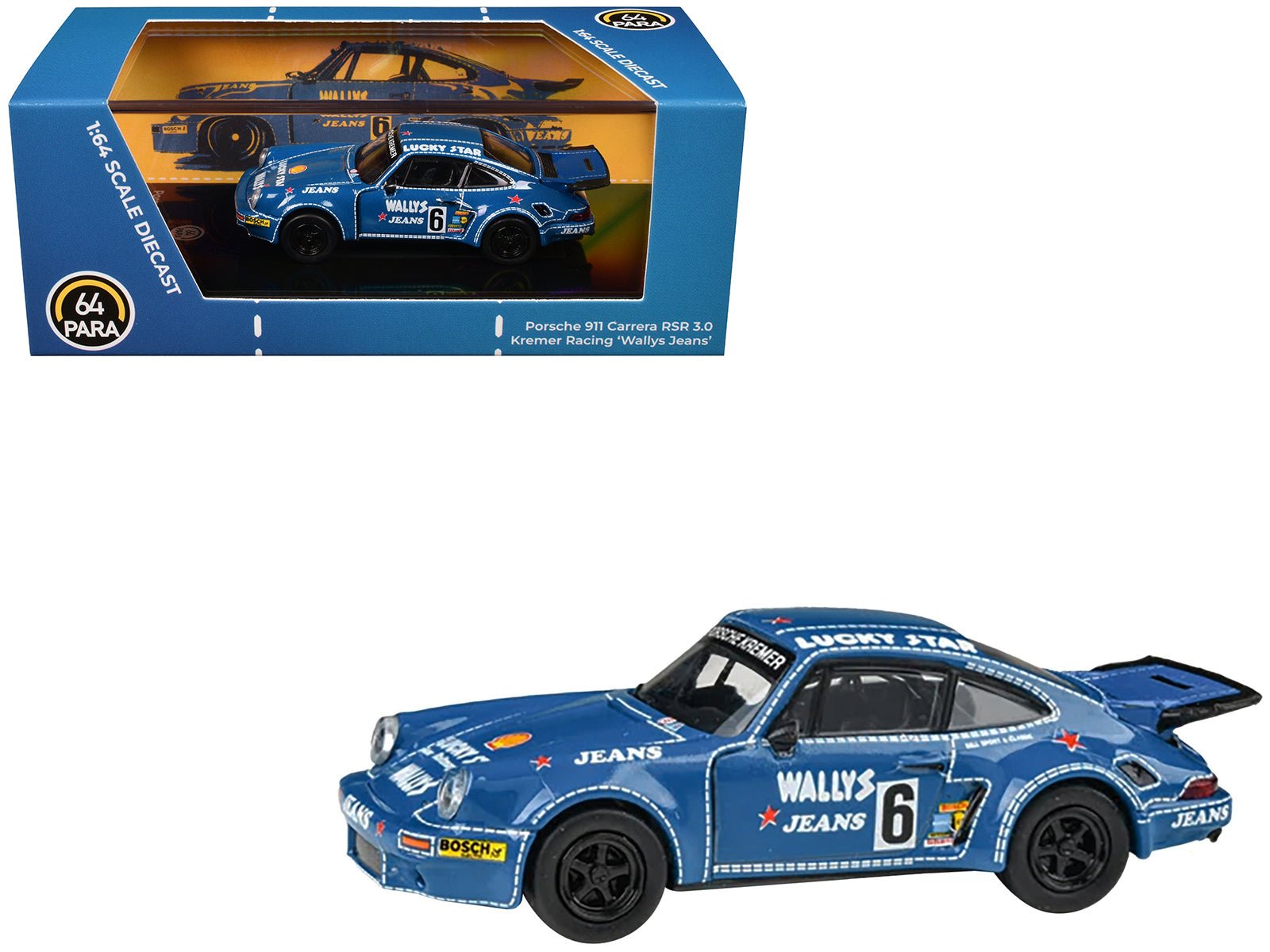 1975 Porsche 911 Carrera RSR 3.0 6 "Kremer Racing - Wallys Jeans" Blue 1/64 Diecast Model Car by Paragon Models free shipping USA - Rapid Vehicles