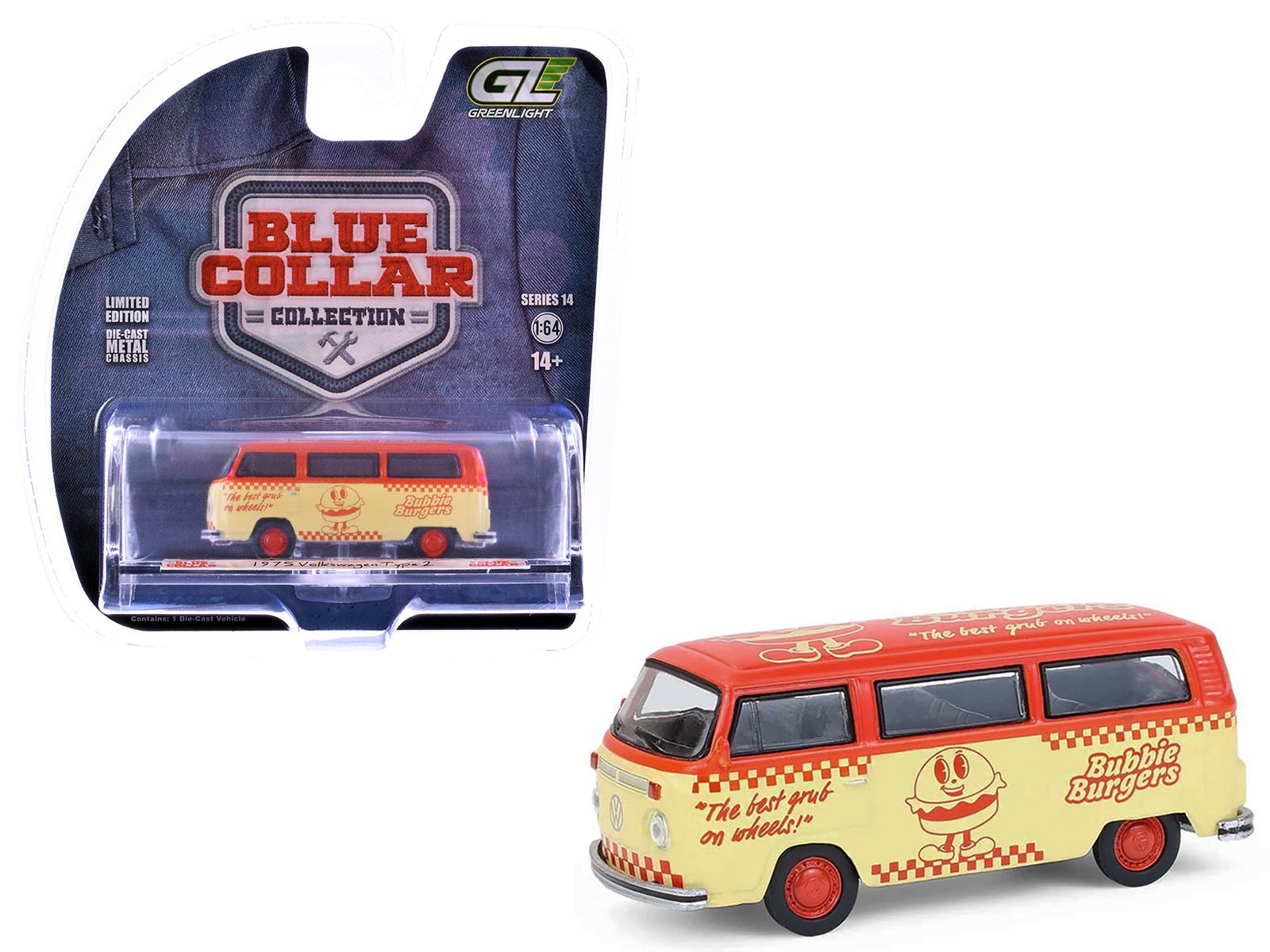 1975 Volkswagen Type 2 Van "Bubbie Burgers Food Truck" Orange and Cream "Blue Collar Collection" Series 14 1/64 Diecast Model Car by Greenlight free shipping USA - Rapid Vehicles