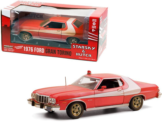 1976 Ford Gran Torino Red with White Stripe (Weathered Version) "Starsky and Hutch" (1975-1979) TV Series 1/24 Diecast Model Car by Greenlight free shipping USA - Rapid Vehicles