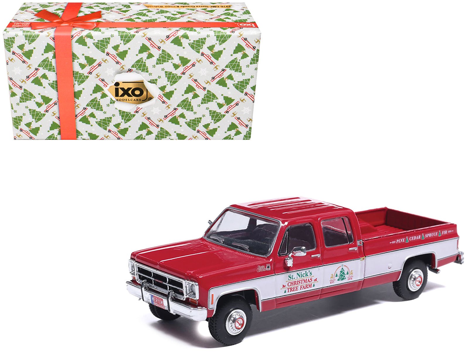 1976 GMC Sierra Grande K2500 Wideside Pickup Truck "St. Nick's Christmas Tree Farm" Red with White Sides "Christmas Limited Edition" 1/64 Diecast Model Car by IXO Models free shipping USA - Rapid Vehicles