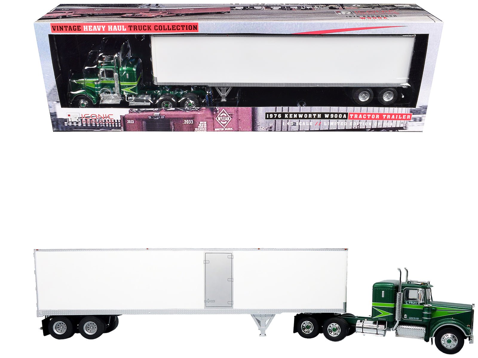 1976 Kenworth W900A Tractor with Dry Goods Trailer Green Metallic with Light Green Graphics "Vintage Heavy Haul Truck Collection" 1/43 Diecast Model by Iconic Replicas free shipping USA - Rapid Vehicles