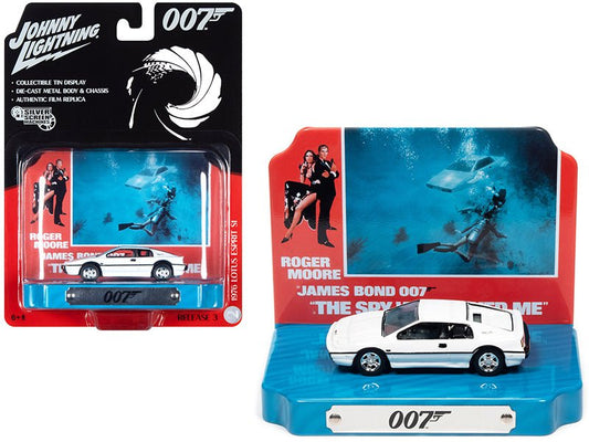 1976 Lotus Esprit S1 White with Collectible Tin Display "007" (James Bond) "The Spy Who Loved Me" (1977) Movie (10th in the James Bond Series) 1/64 Diecast Model Car by Johnny Lightning free shipping USA - Rapid Vehicles
