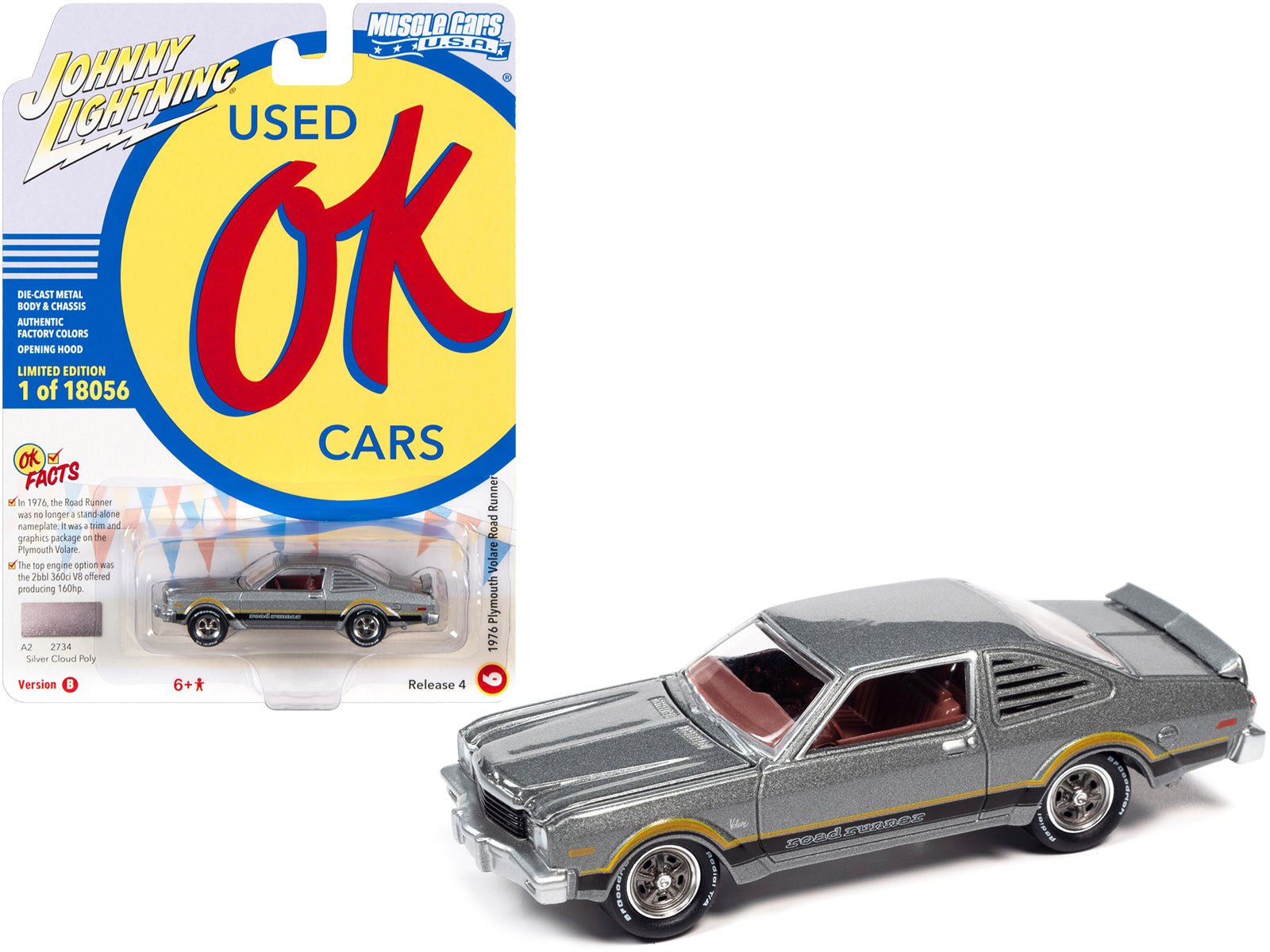 1976 Plymouth Volare Road Runner Silver Cloud Metallic with Stripes "OK Used Cars" Series Limited Edition to 18056 pieces Worldwide 1/64 Diecast Model Car by Johnny Lightning free shipping USA - Rapid Vehicles