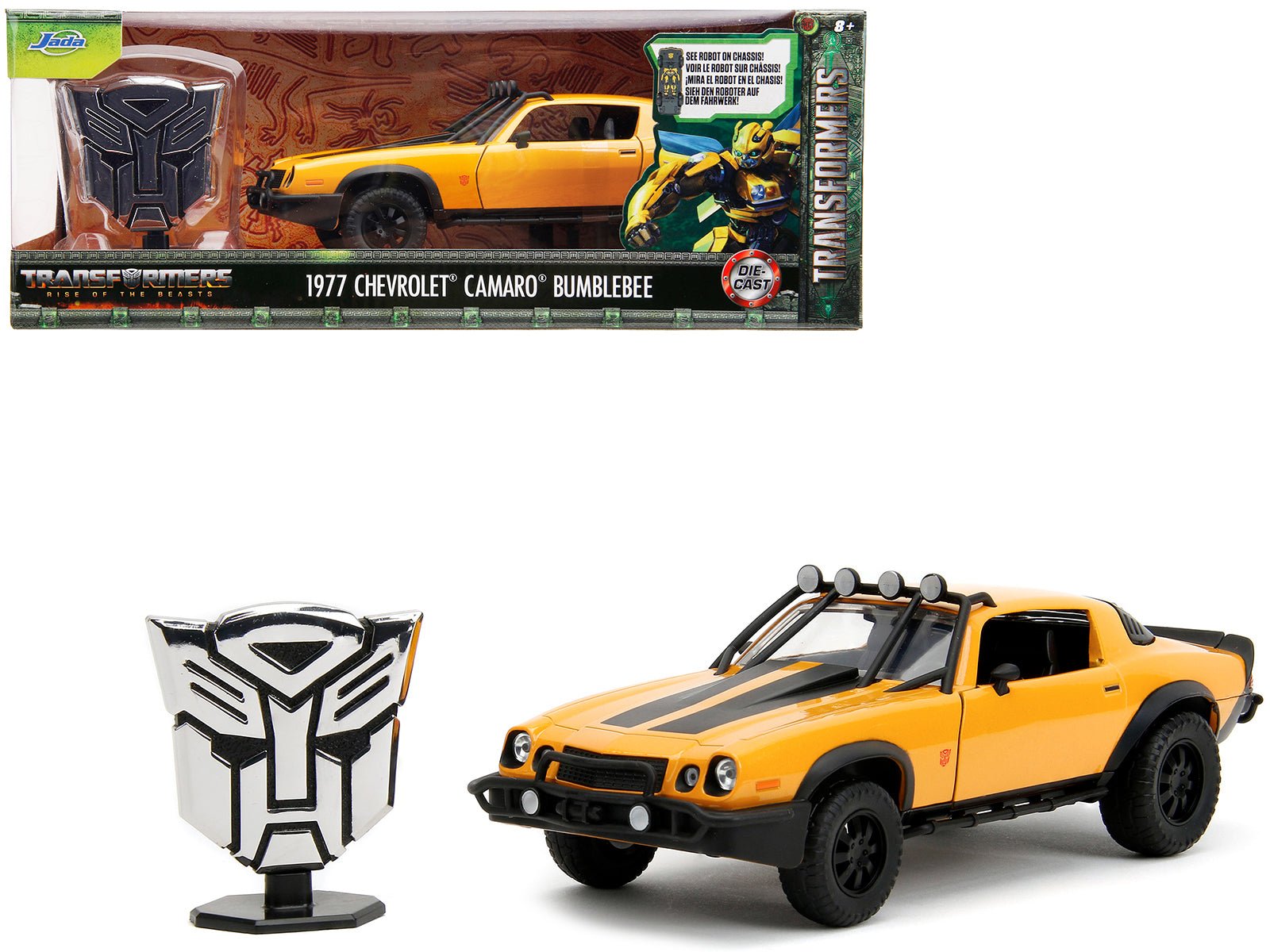 1977 Chevrolet Camaro Off - Road Version "Bumblebee" Yellow Metallic with Black Stripes and Transformers Logo Diecast Statue "Transformers: Rise of the Beasts" (2023) Movie "Hollywood Rides" Series 1/24 Diecast Model Car by Jada free shipping USA - Rapid Vehicles