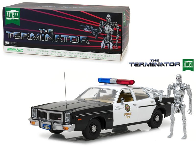 1977 Dodge Monaco Metropolitan Police with T-800 Endoskeleton Figurine "The Terminator" (1984) Movie 1/18 Diecast Model Car by Greenlight free shipping USA - Rapid Vehicles