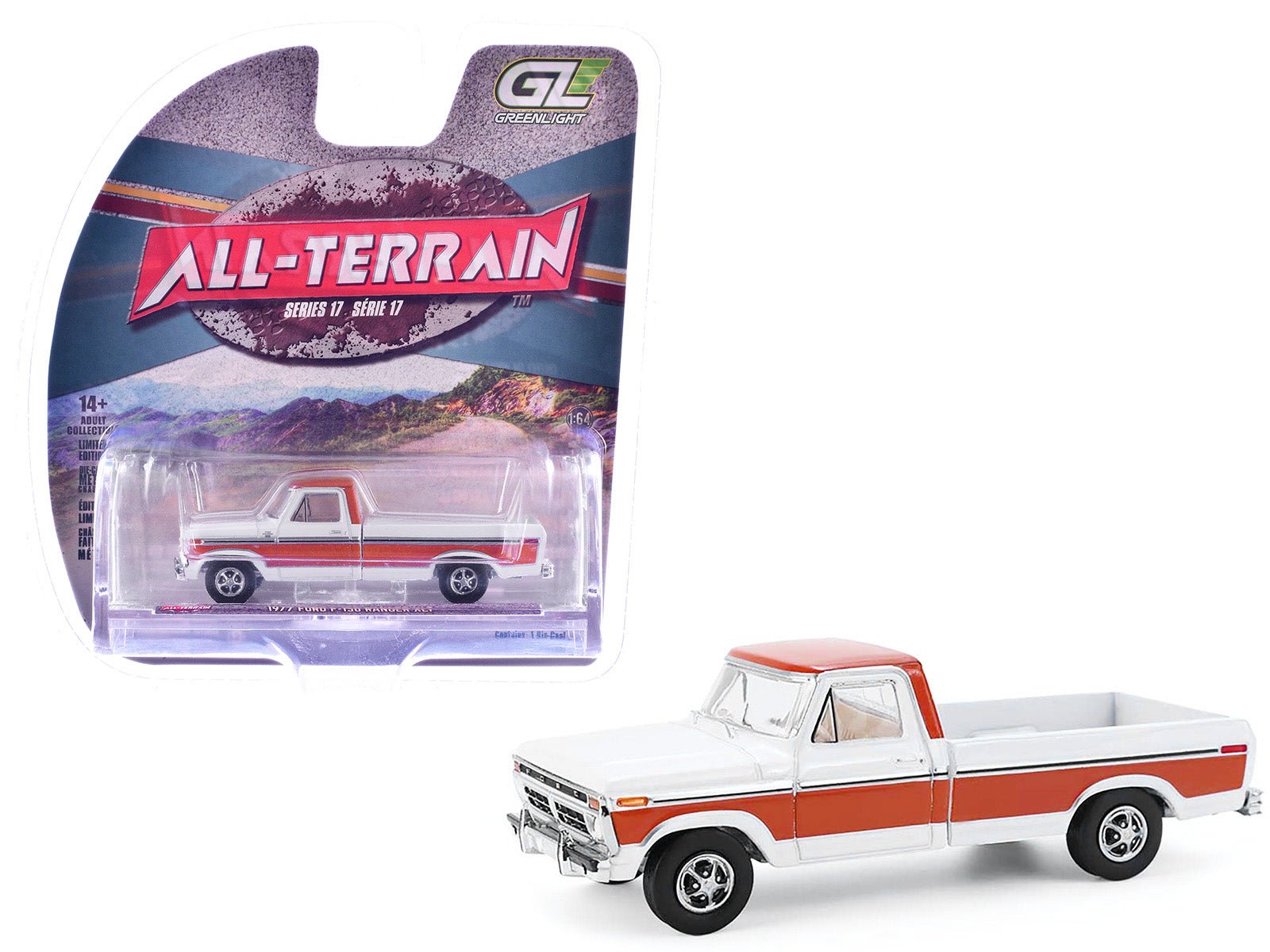 1977 Ford F - 150 Ranger XLT Pickup Truck Orange and White "All Terrain" Series 17 1/64 Diecast Model Car by Greenlight free shipping USA - Rapid Vehicles