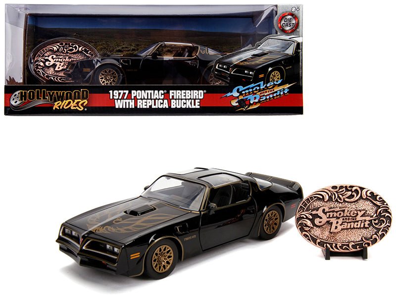 1977 Pontiac Firebird Trans Am Black with Replica Buckle "Smokey and the Bandit" (1977) Movie "Hollywood Rides" Series 1/24 Diecast Model Car by Jada free shipping USA - Rapid Vehicles