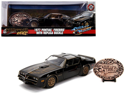 1977 Pontiac Firebird Trans Am Black with Replica Buckle "Smokey and the Bandit" (1977) Movie "Hollywood Rides" Series 1/24 Diecast Model Car by Jada free shipping USA - Rapid Vehicles