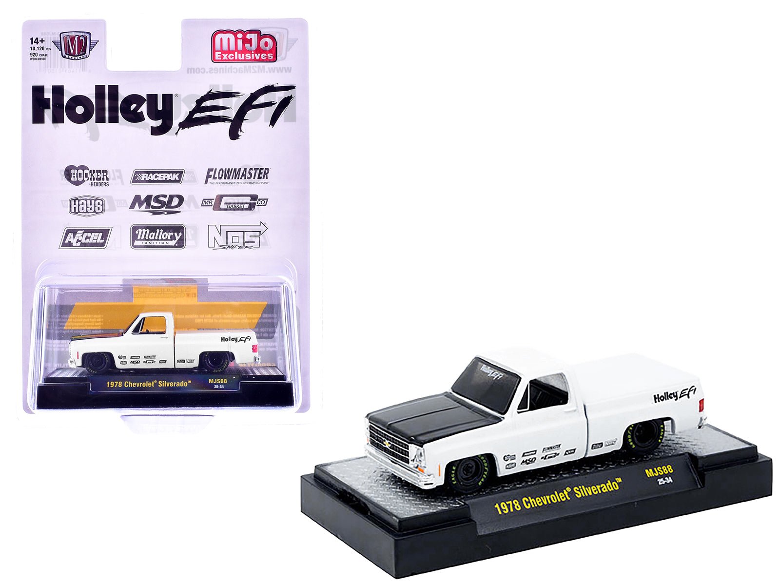1978 Chevrolet Silverado Pickup Truck "Holley EFI" White with Black Hood Limited Edition to 10120 pieces Worldwide 1/64 Diecast Model Car by M2 Machines free shipping USA - Rapid Vehicles