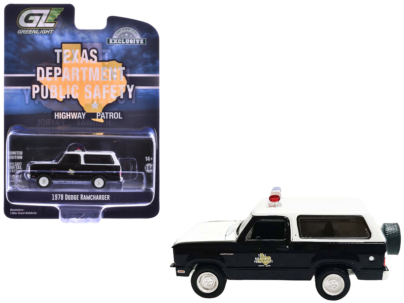 1978 Dodge Ramcharger Police Vehicle "Texas Department of Public Safety Highway Patrol" Black with White Hood and Top "Hobby Exclusive" Series 1/64 Diecast Model Car by Greenlight free shipping USA - Rapid Vehicles