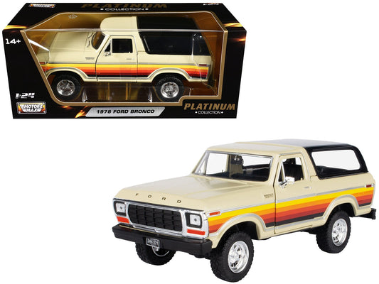 1978 Ford Bronco Custom Cream with Stripes and Black Top "Platinum Collection" Series 1/24 Diecast Model Car by Motormax free shipping USA - Rapid Vehicles