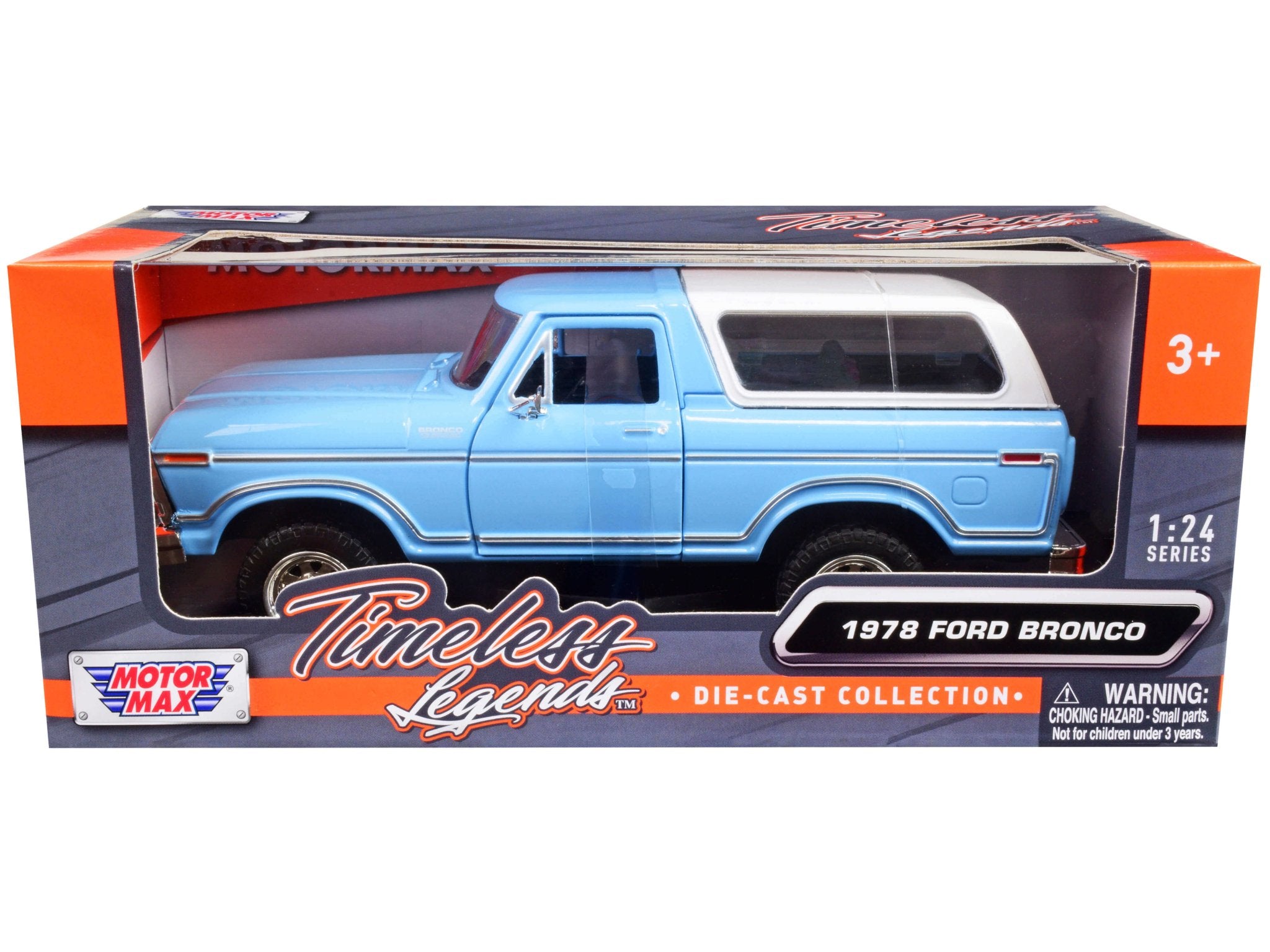 1978 Ford Bronco Custom Light Blue and White "Timeless Legends" Series 1/24 Diecast Model Car by Motormax free shipping USA - Rapid Vehicles