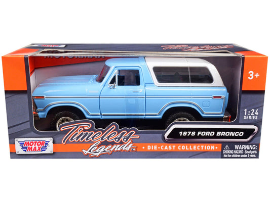 1978 Ford Bronco Custom Light Blue and White "Timeless Legends" Series 1/24 Diecast Model Car by Motormax free shipping USA - Rapid Vehicles