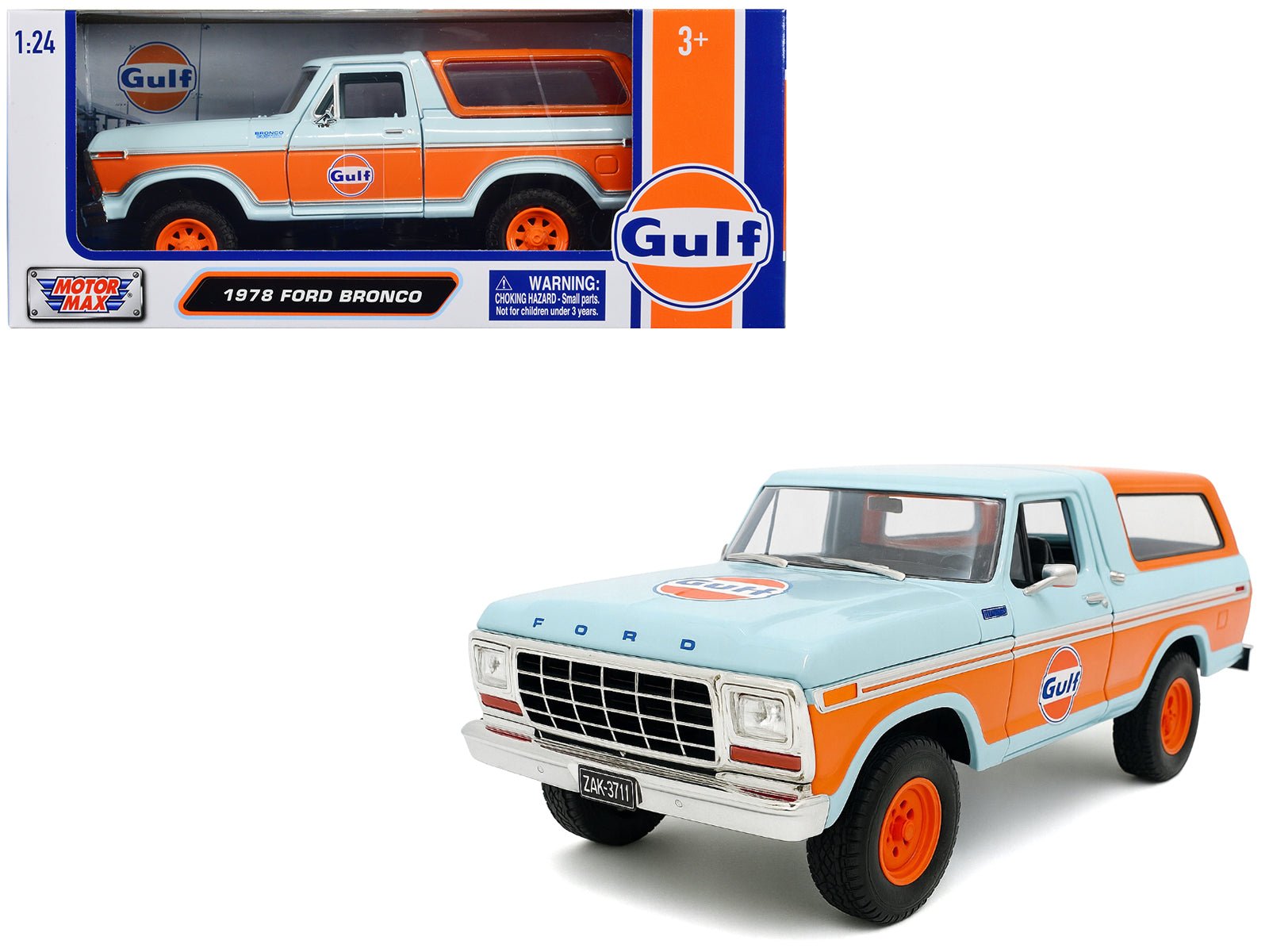 1978 Ford Bronco Light Blue and Orange "Gulf Oil" "Gulf Die - Cast Collection" 1/24 Diecast Model Car by Motormax free shipping USA - Rapid Vehicles