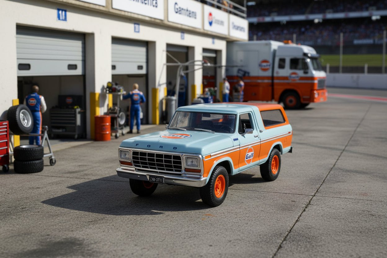1978 Ford Bronco Light Blue and Orange "Gulf Oil" "Gulf Die - Cast Collection" 1/24 Diecast Model Car by Motormax free shipping USA - Rapid Vehicles