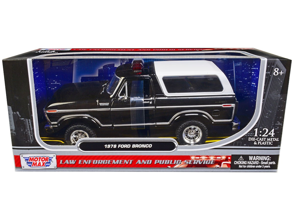 1978 Ford Bronco Police Car Unmarked Black with White Top "Law Enforcement and Public Service" Series 1/24 Diecast Model Car by Motormax free shipping USA - Rapid Vehicles