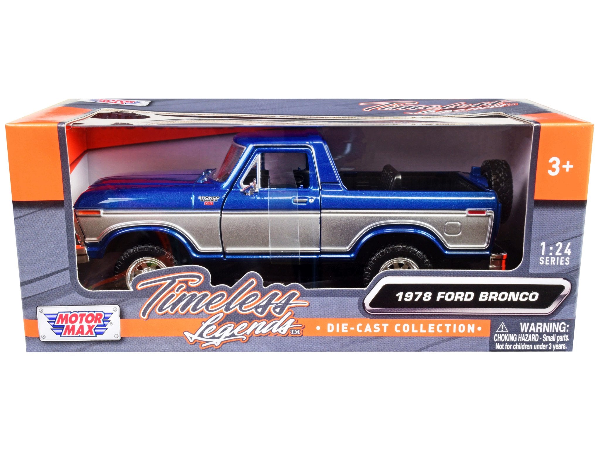 1978 Ford Bronco Ranger XLT (Open Top) with Spare Tire Blue Metallic and Silver "Timeless Legends" Series 1/24 Diecast Model Car by Motormax free shipping USA - Rapid Vehicles