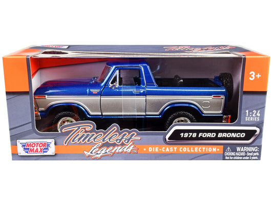 1978 Ford Bronco Ranger XLT (Open Top) with Spare Tire Blue Metallic and Silver "Timeless Legends" Series 1/24 Diecast Model Car by Motormax free shipping USA - Rapid Vehicles