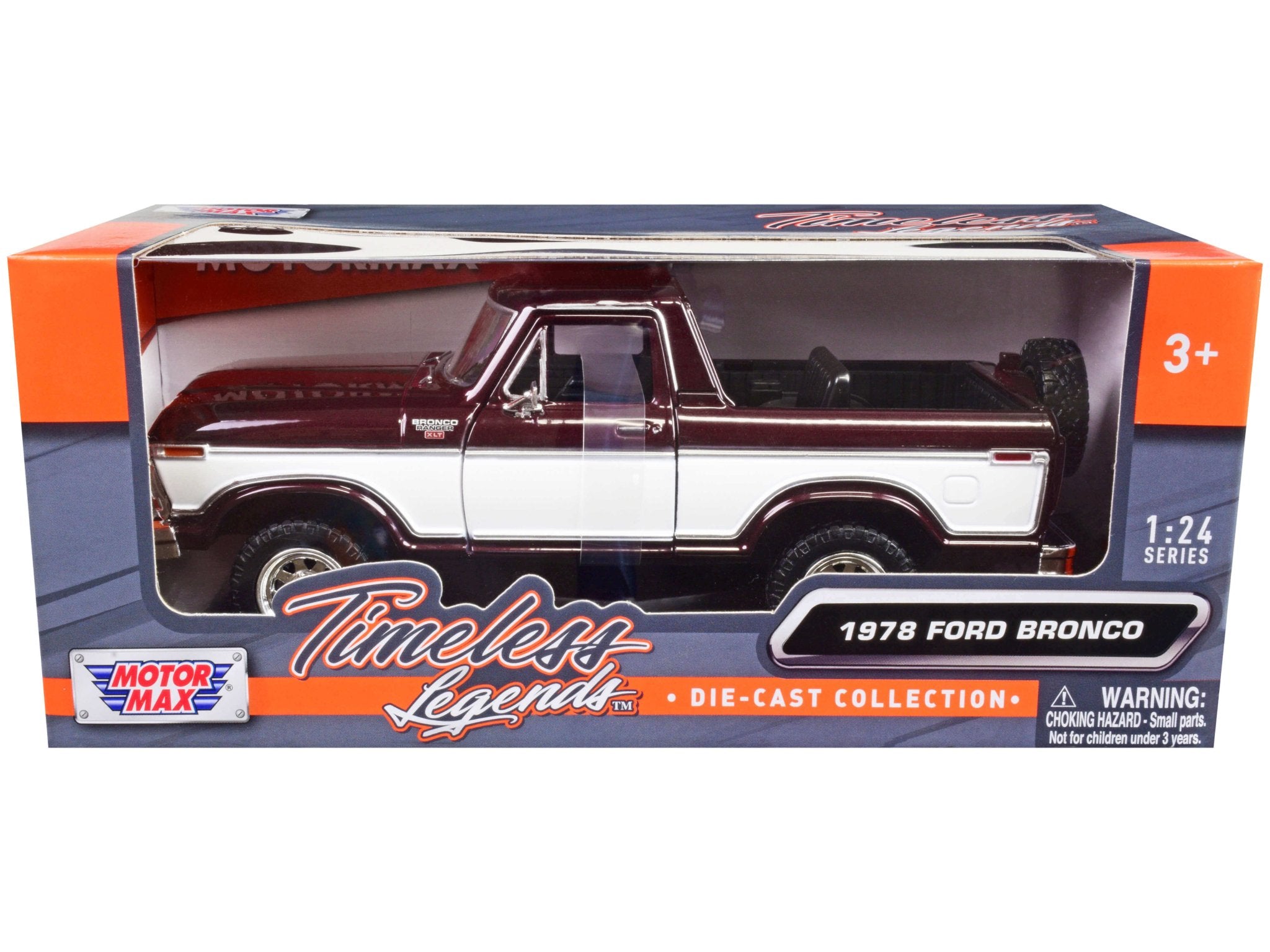 1978 Ford Bronco Ranger XLT (Open Top) with Spare Tire Burgundy Metallic and White "Timeless Legends" Series 1/24 Diecast Model Car by Motormax free shipping USA - Rapid Vehicles