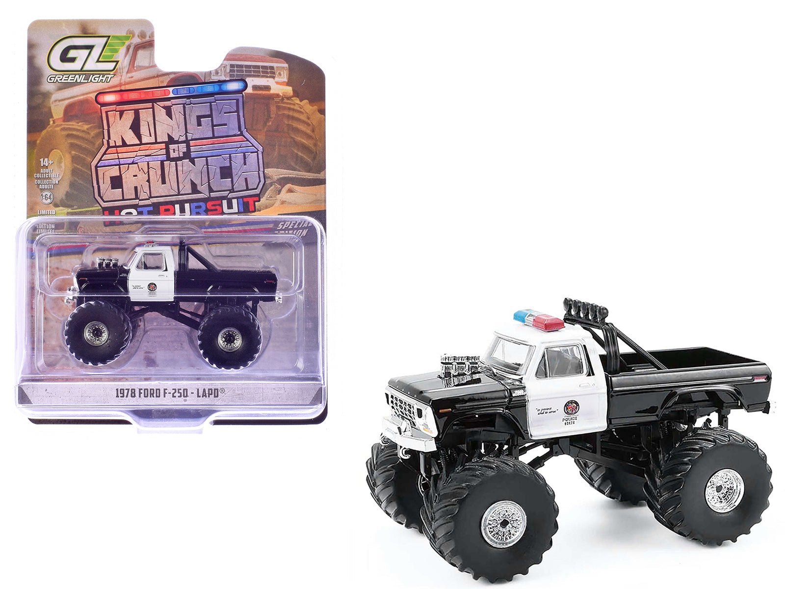 1978 Ford F - 250 Monster Truck "LAPD (Los Angeles Police Department)" Black and White "Kings of Crunch - Hot Pursuit" Special Edition 1/64 Diecast Model Car by Greenlight free shipping USA - Rapid Vehicles