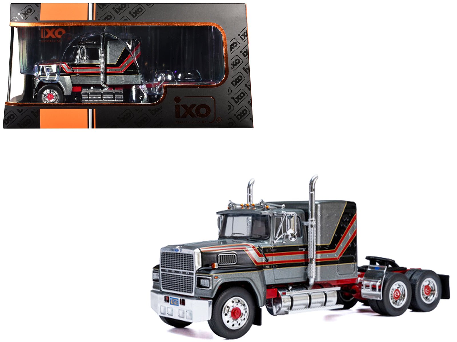 1978 Ford LTL 9000 Truck Tractor Gray Metallic with Red and Black Stripes 1/43 Diecast Model by IXO Models free shipping USA - Rapid Vehicles
