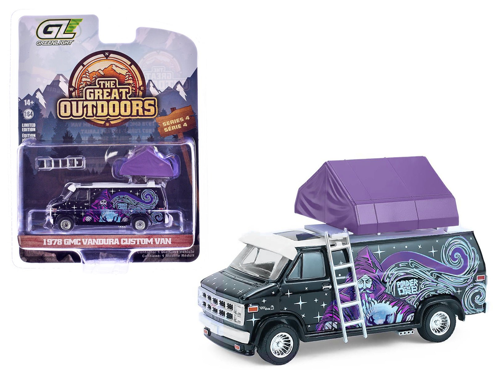 1978 GMC Vandura Custom Van Black with Wizard Graphics and White Top with Camp'otel Cartop Sleeper Tent "The Great Outdoors" Series 4 1/64 Diecast Model Car by Greenlight free shipping USA - Rapid Vehicles