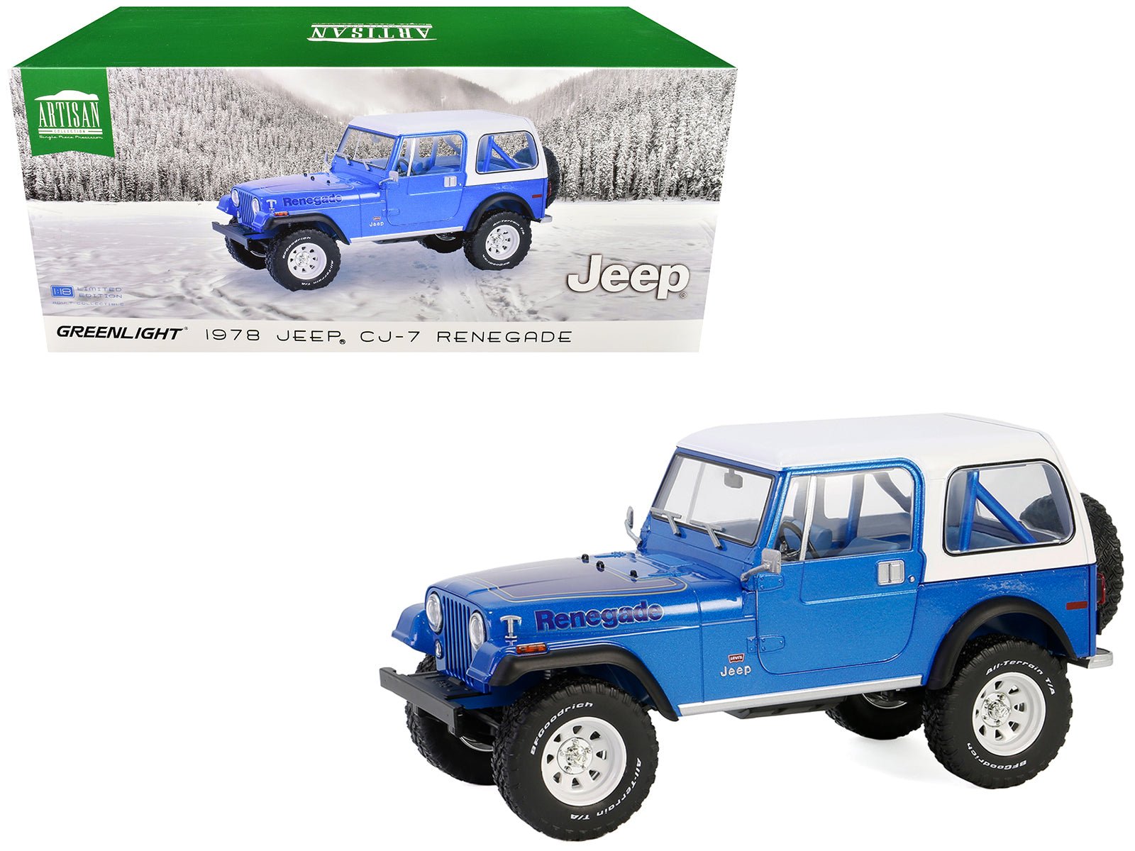 1978 Jeep CJ - 7 Renegade Captain Blue Metallic with White Top "Artisan Collection" Series 1/18 Diecast Model Car by Greenlight free shipping USA - Rapid Vehicles