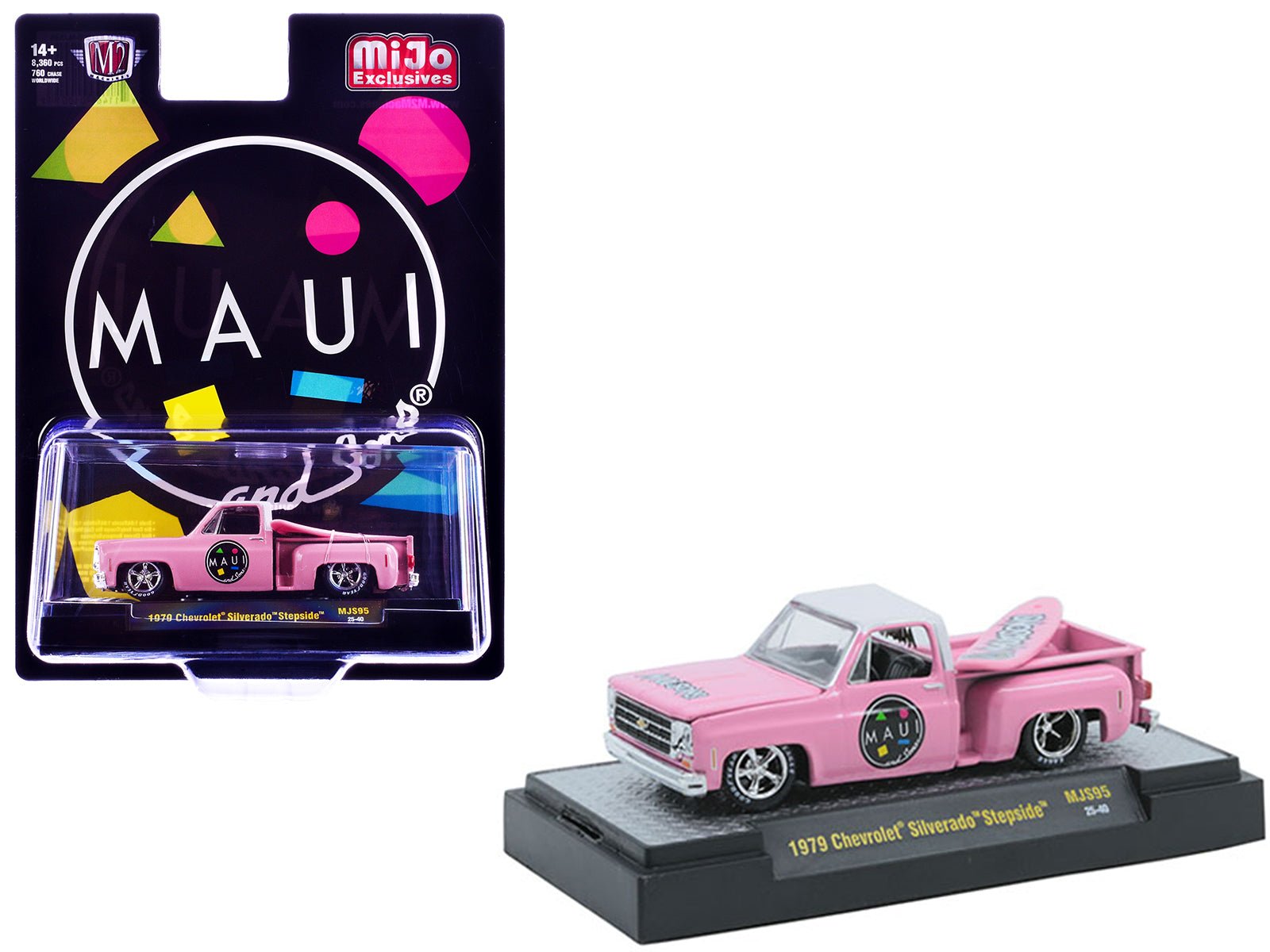 1979 Chevrolet Silverado Stepside Pickup Truck "Maui & Sons" Pink with White Top and Surfboard Limited Edition to 8360 pieces Worldwide 1/64 Diecast Model Car by M2 Machines free shipping USA - Rapid Vehicles