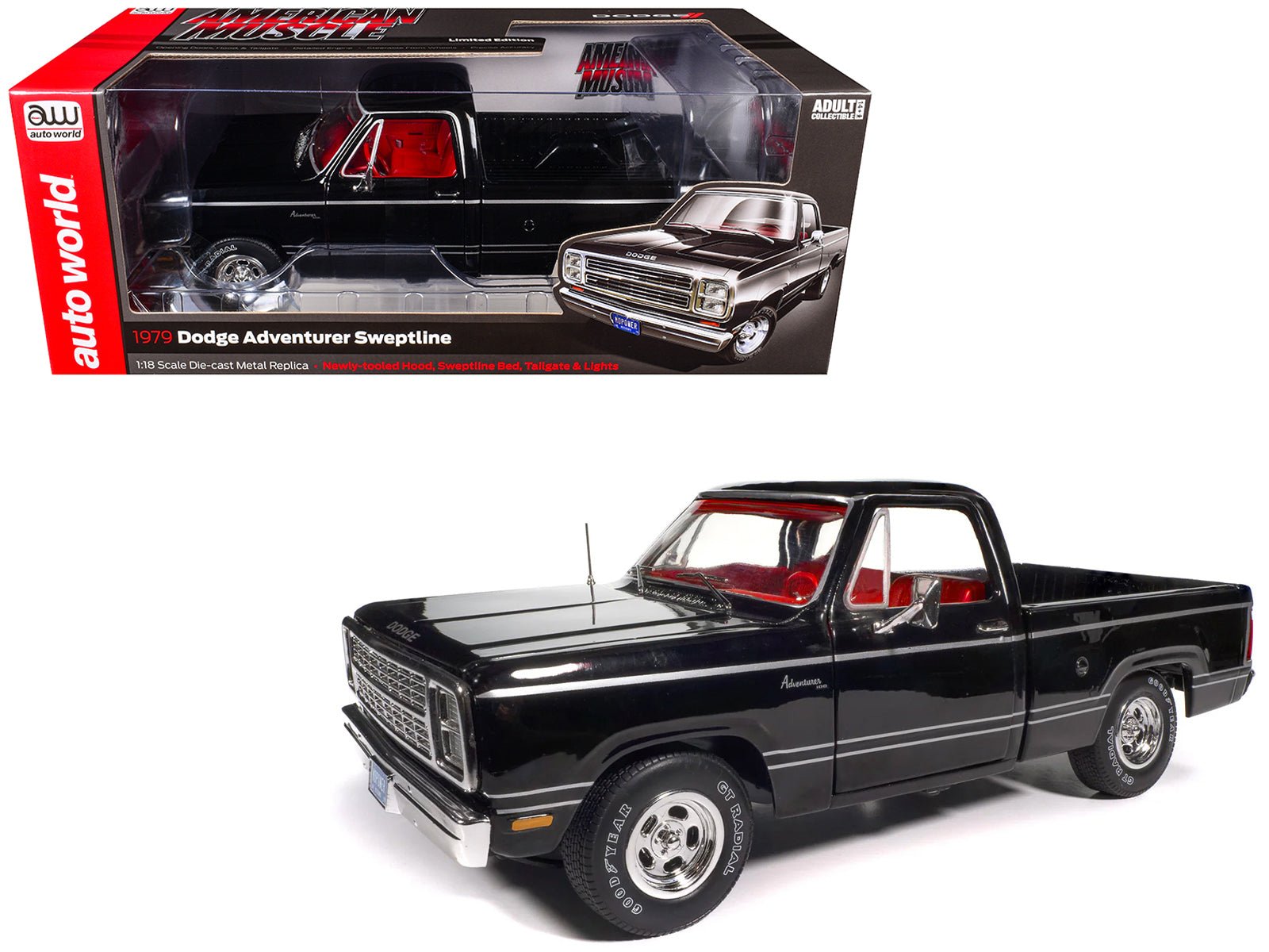 1979 Dodge Adventurer Sweptline Pickup Truck Black with Red Interior "American Muscle" Series 1/18 Diecast Model Car by Auto World free shipping USA - Rapid Vehicles