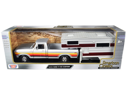 1979 Ford F - 150 Custom Pickup Truck Silver Metallic with Side Stripes with Camper Shell "American Classics" Series 1/24 Diecast Model Car by Motormax free shipping USA - Rapid Vehicles