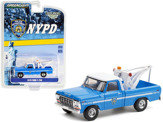 1979 Ford F - 250 Tow Truck with Drop - In Tow Hook Blue with White Top "New York City Police Dept." (NYPD) "Hobby Exclusive" 1/64 Diecast Model Car by Greenlight free shipping USA - Rapid Vehicles