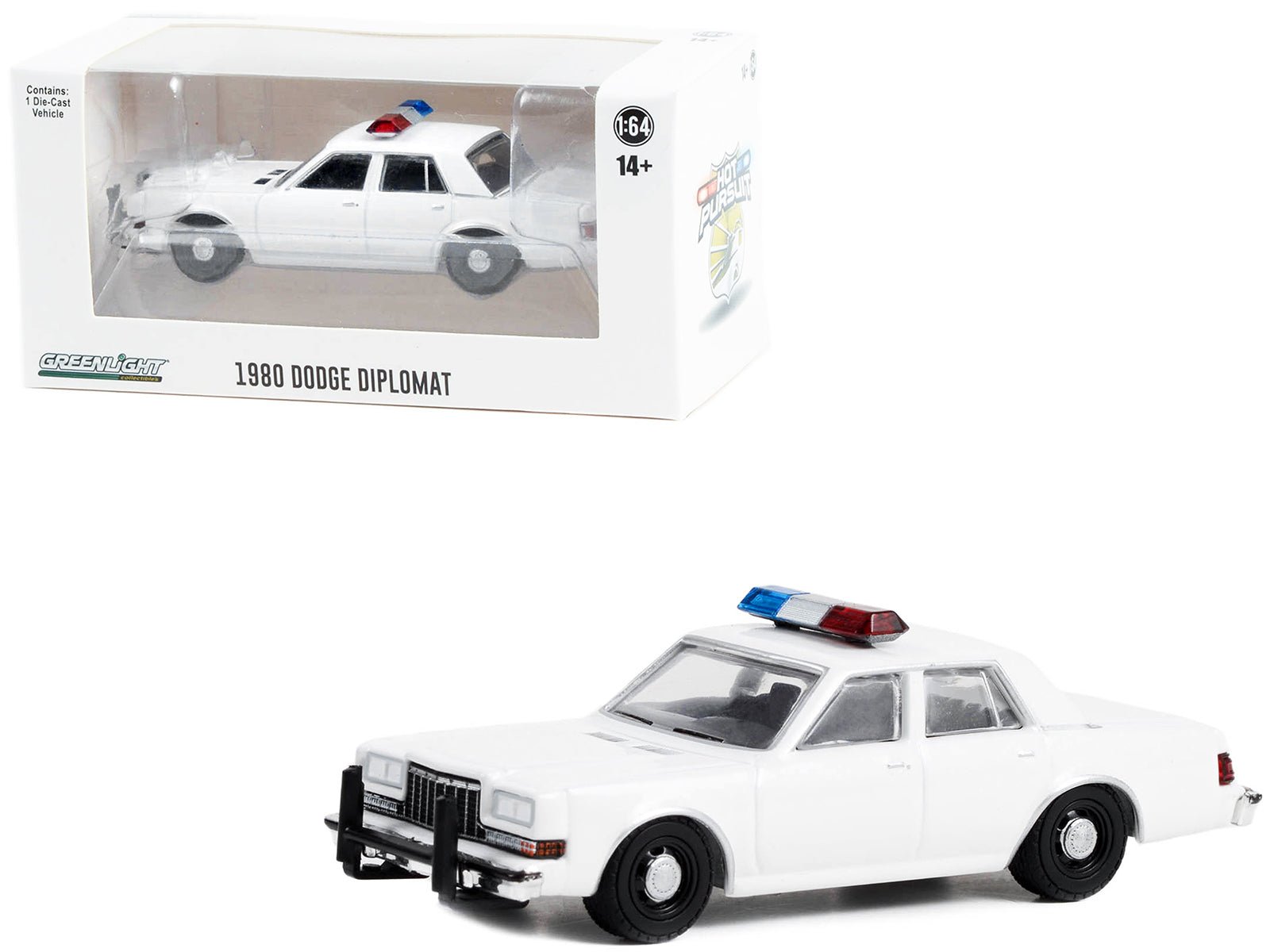 1980 - 1989 Dodge Diplomat Police Unmarked White with Light Bar "Hot Pursuit" "Hobby Exclusive" Series 1/64 Diecast Model Car by Greenlight free shipping USA - Rapid Vehicles