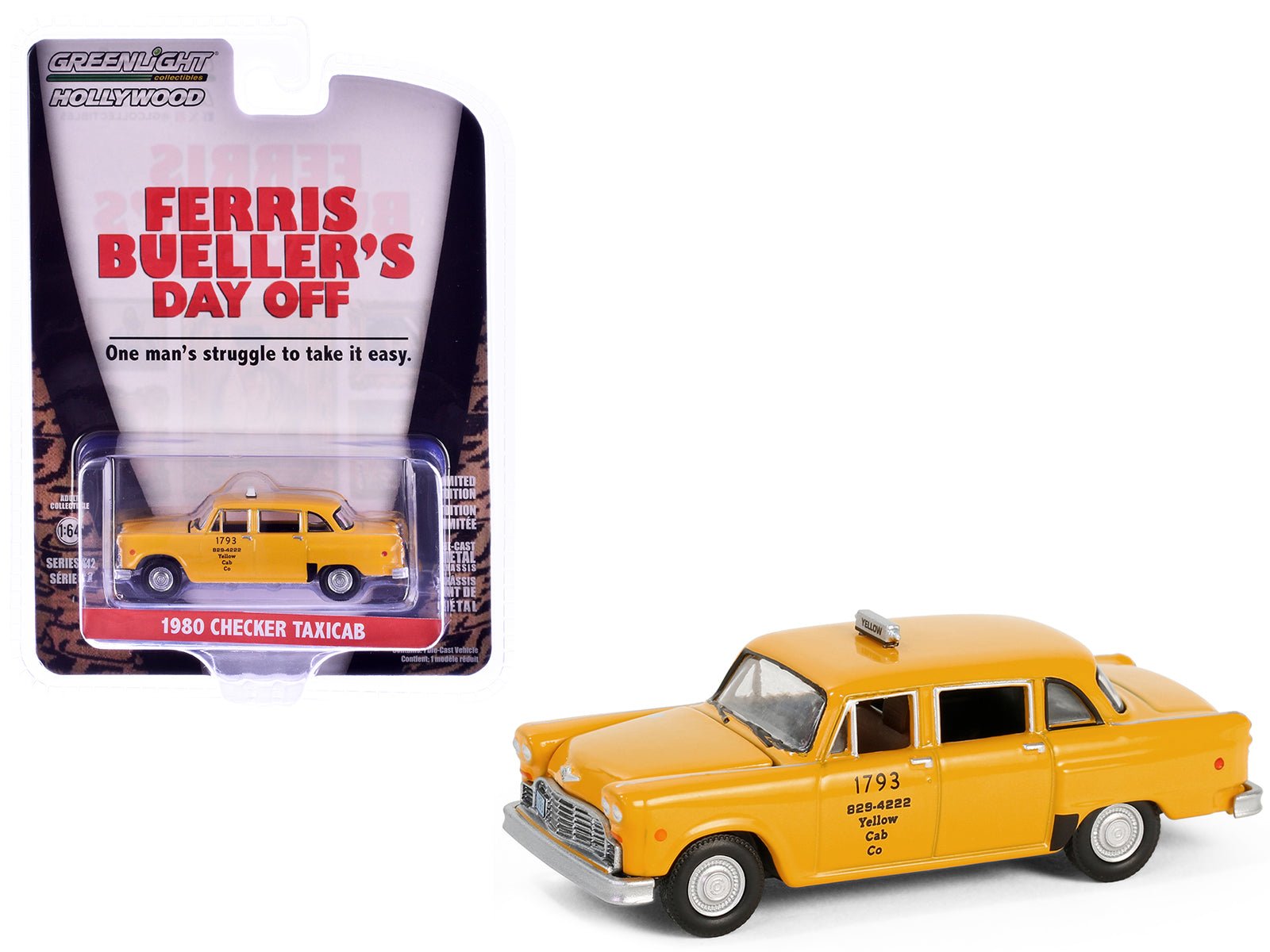 1980 Checker Taxicab "Yellow Cab Co. 1793" Yellow "Ferris Bueller's Day Off" (1986) Movie "Hollywood Series" Release 42 1/64 Diecast Model Car by Greenlight free shipping USA - Rapid Vehicles