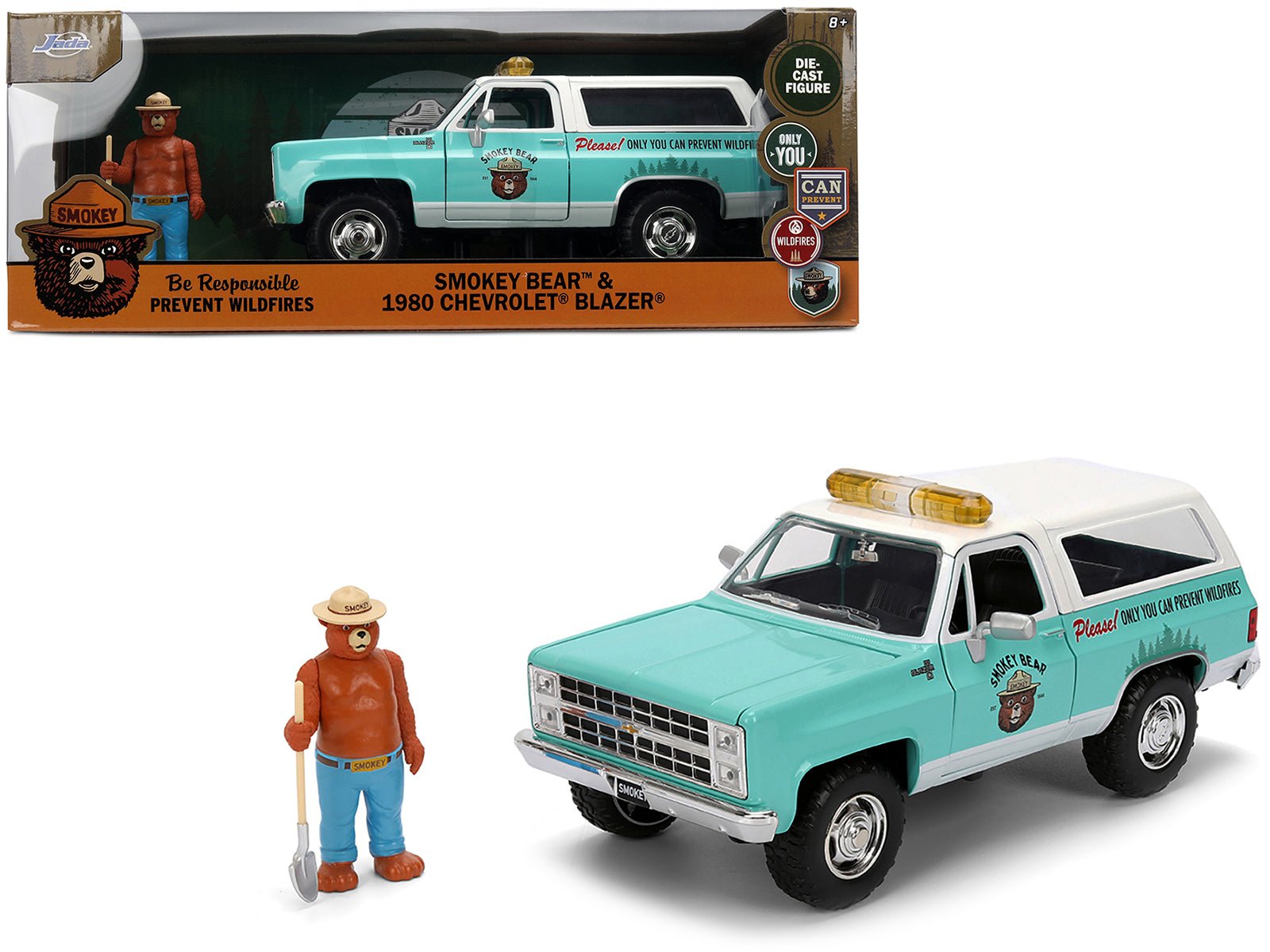 1980 Chevrolet Blazer Light Green with White Top and Graphics and Smokey Bear Diecast Figure "Smokey Bear" "Hollywood Rides" Series 1/24 Diecast Model by Jada free shipping USA - Rapid Vehicles