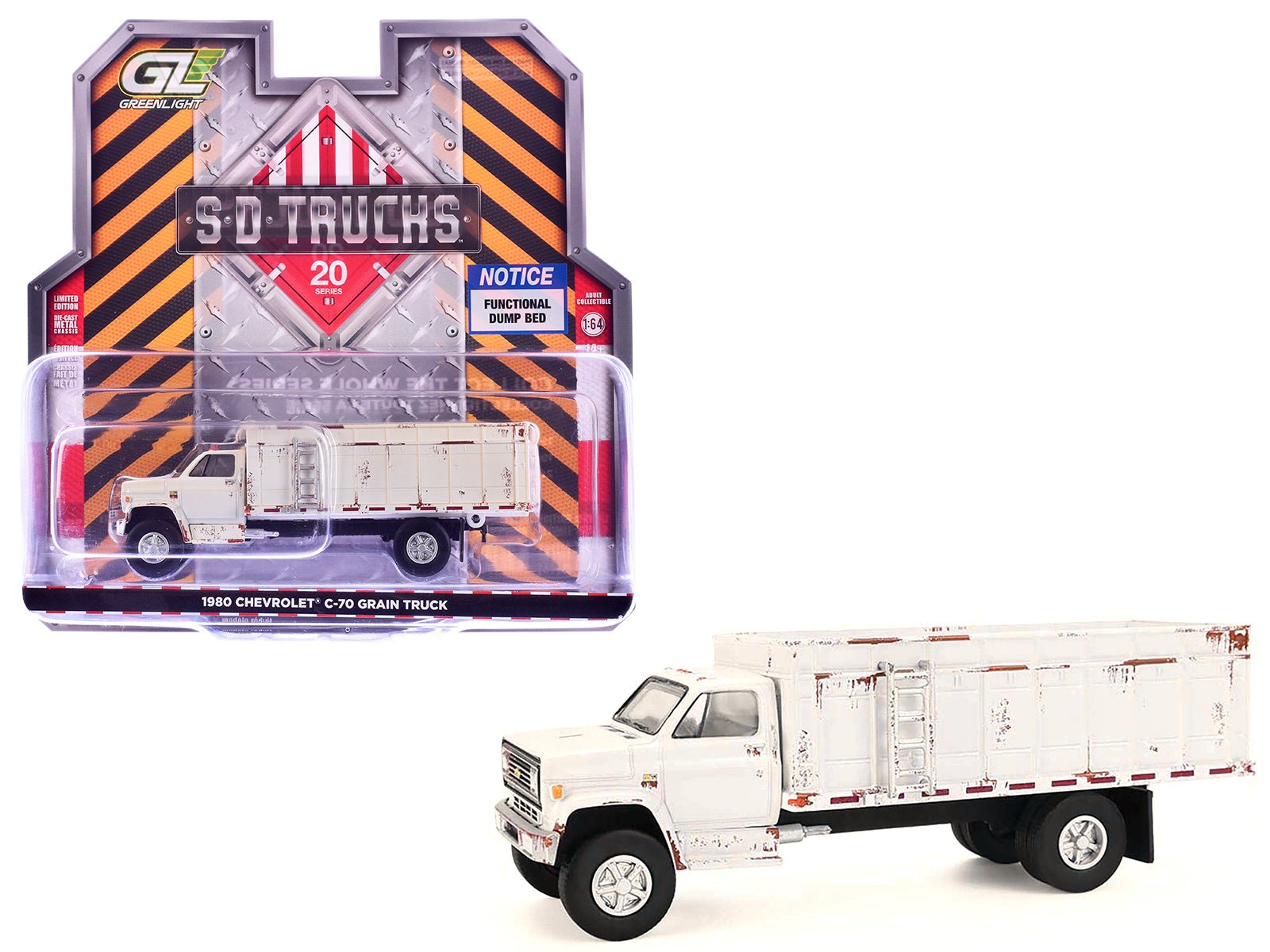 1980 Chevrolet C - 70 Grain Truck White (Weathered) "S.D. Trucks" Series 20 1/64 Diecast Model by Greenlight free shipping USA - Rapid Vehicles