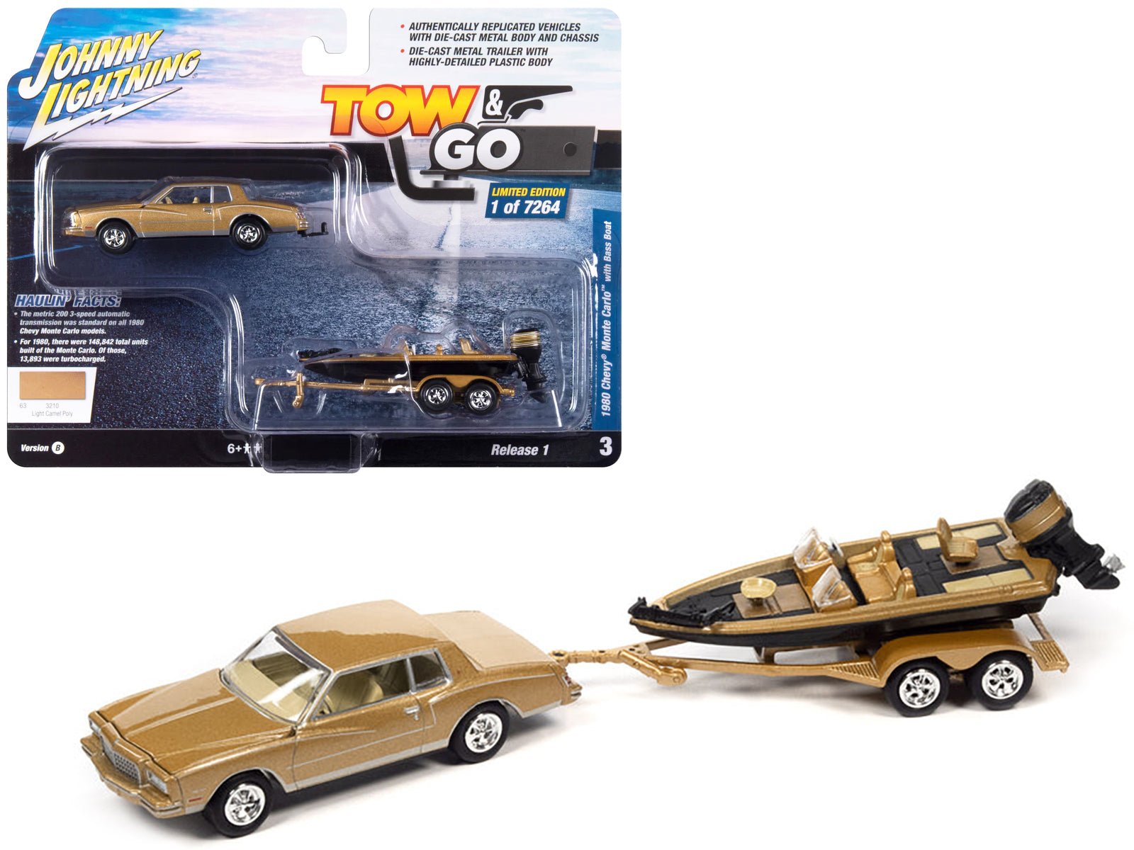 1980 Chevrolet Monte Carlo Light Camel Gold Metallic with Bass Boat and Trailer Limited Edition to 7264 pieces Worldwide "Tow & Go" Series 1/64 Diecast Model Car by Johnny Lightning free shipping USA - Rapid Vehicles