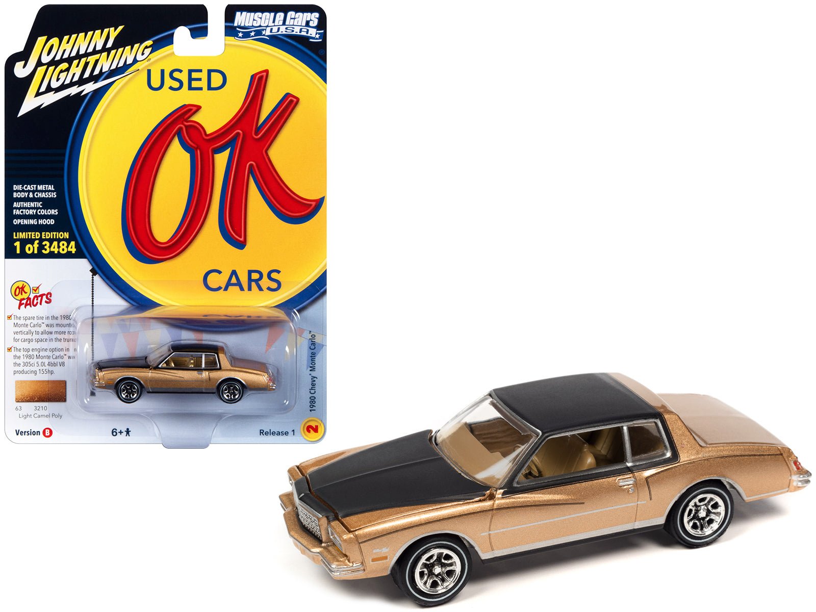 1980 Chevrolet Monte Carlo Light Camel Gold Metallic with Black Top and Hood Limited Edition to 3484 pieces Worldwide "OK Used Cars" 2023 Series 1/64 Diecast Model Car by Johnny Lightning free shipping USA - Rapid Vehicles