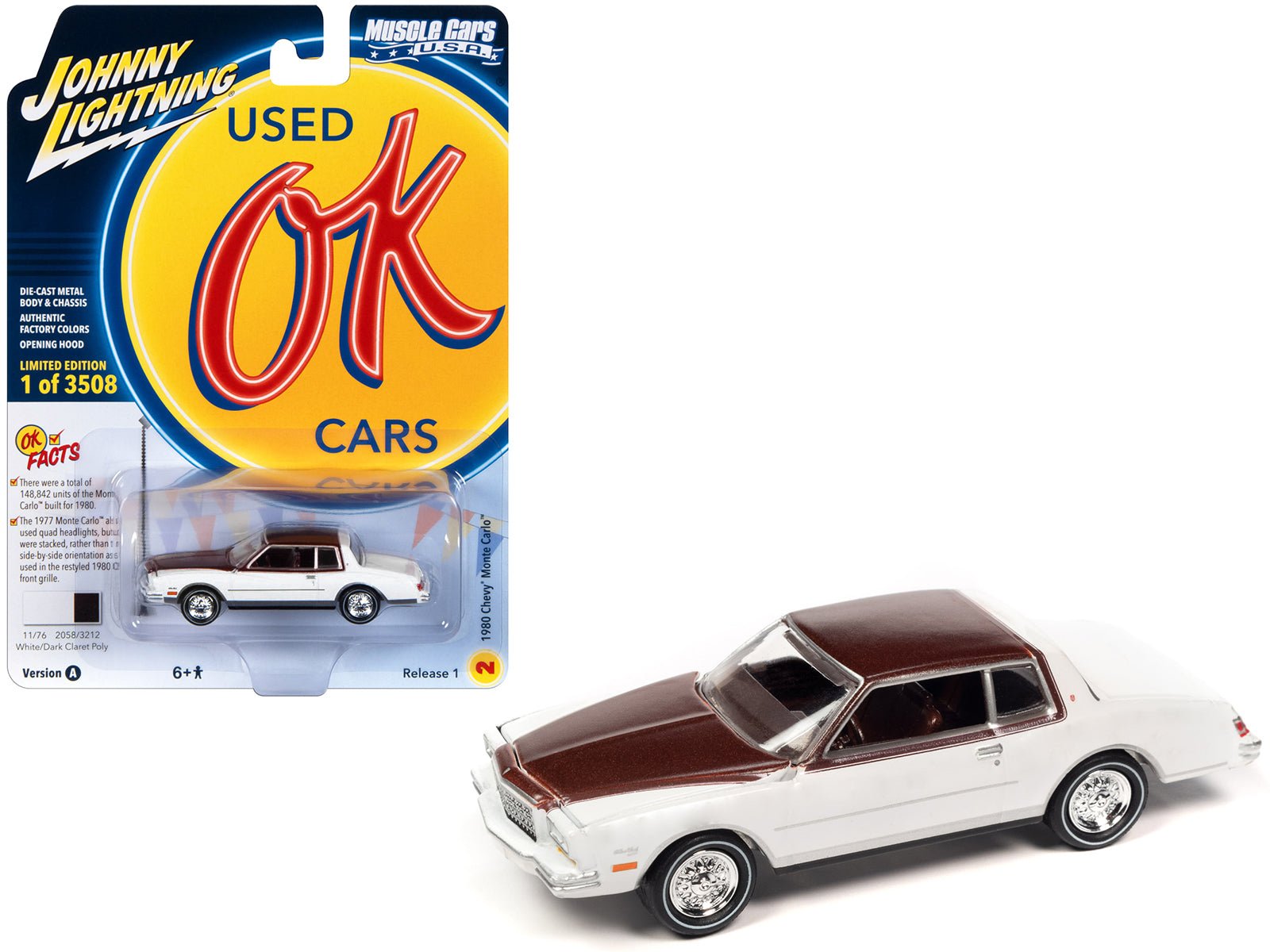 1980 Chevrolet Monte Carlo White and Dark Claret Brown Metallic Top and Hood Limited Edition to 3508 pieces Worldwide "OK Used Cars" 2023 Series 1/64 Diecast Model Car by Johnny Lightning free shipping USA - Rapid Vehicles