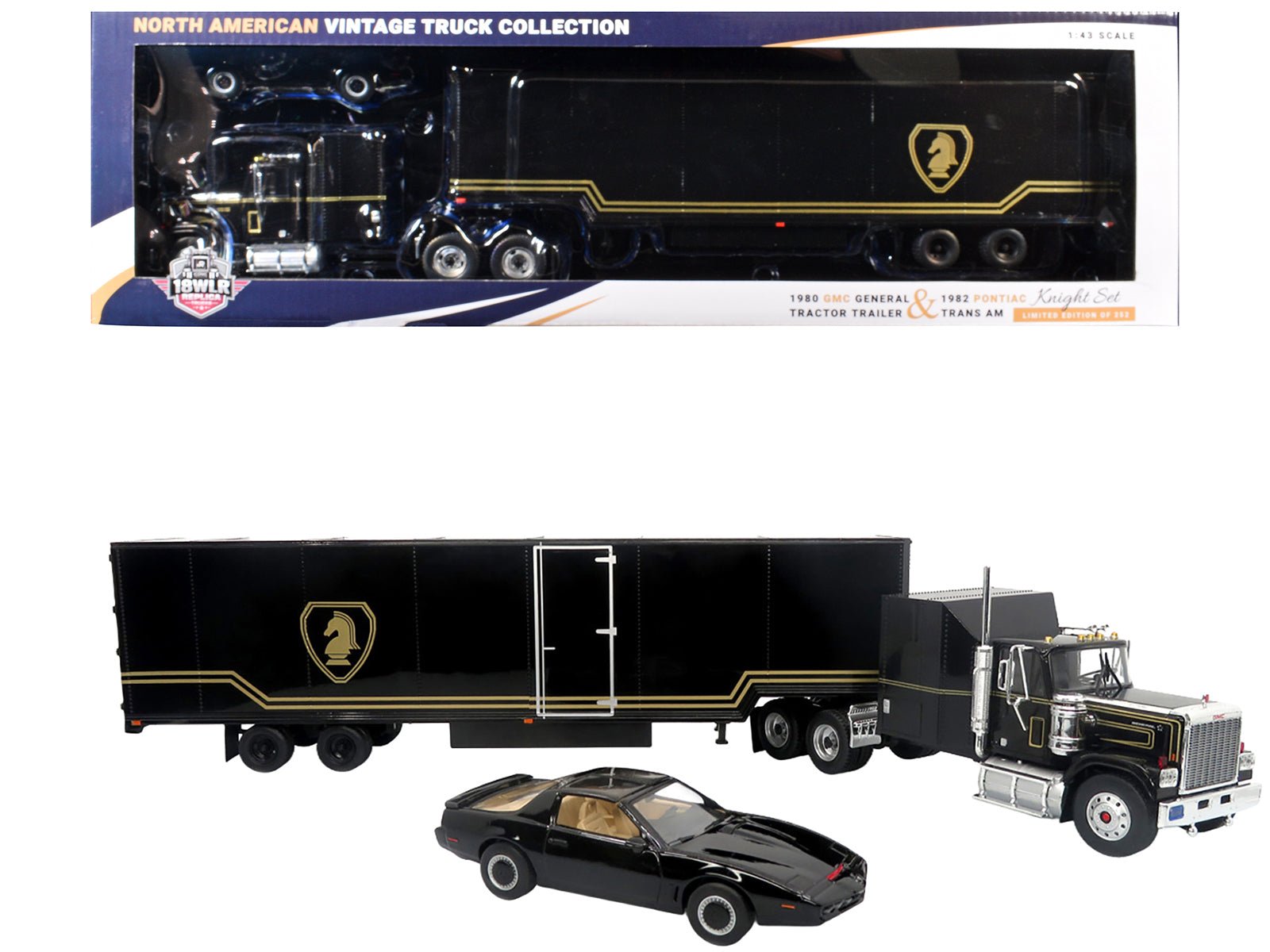 1980 GMC General Truck with Box Trailer Black with Gold Stripes and 1982 Pontiac Firebird Trans Am Black "Knight Set" "North American Vintage Truck Collection" Limited Edition to 252 pieces Worldwide 1/43 Diecast Model by Iconic Replicas - Rapid Vehicles