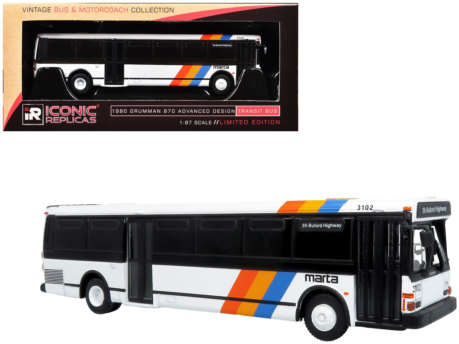 1980 Grumman 870 Advanced Design Transit Bus "MARTA Atlanta" White with Stripes "Vintage Bus & Motorcoach Collection" Limited Edition 1/87 (HO) Diecast Model by Iconic Replicas free shipping USA - Rapid Vehicles
