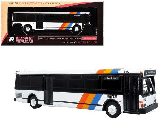 1980 Grumman 870 Advanced Design Transit Bus "MARTA Atlanta" White with Stripes "Vintage Bus & Motorcoach Collection" Limited Edition 1/87 (HO) Diecast Model by Iconic Replicas free shipping USA - Rapid Vehicles