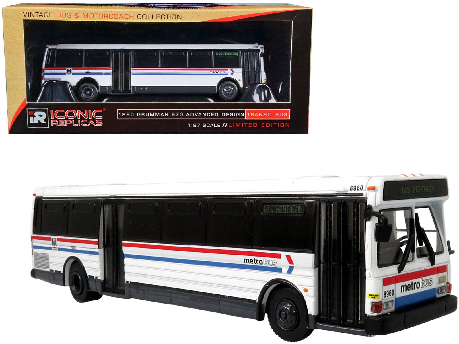 1980 Grumman 870 Advanced Design Transit Bus WMATA (Washington Metropolitan Area Transit Authority) Metro Bus "16S Pentagon" "Vintage Bus & Motorcoach Collection" 1/87 Diecast Model by Iconic Replicas free shipping USA - Rapid Vehicles