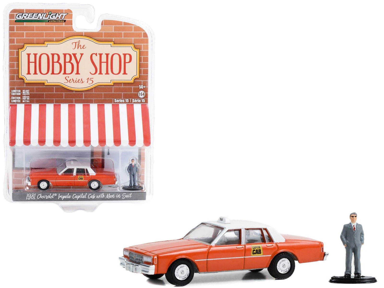 1981 Chevrolet Impala "Capitol Cab" Taxi Orange with White Top and Man in Suit Figure "The Hobby Shop" Series 15 1/64 Diecast Model Car by Greenlight free shipping USA - Rapid Vehicles