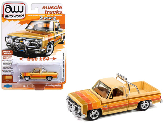 1981 Chevrolet Silverado Fleetside Pickup Truck Cream with Stripes "Hobby Exclusive" Series 1/64 Diecast Model Car by Auto World free shipping USA - Rapid Vehicles