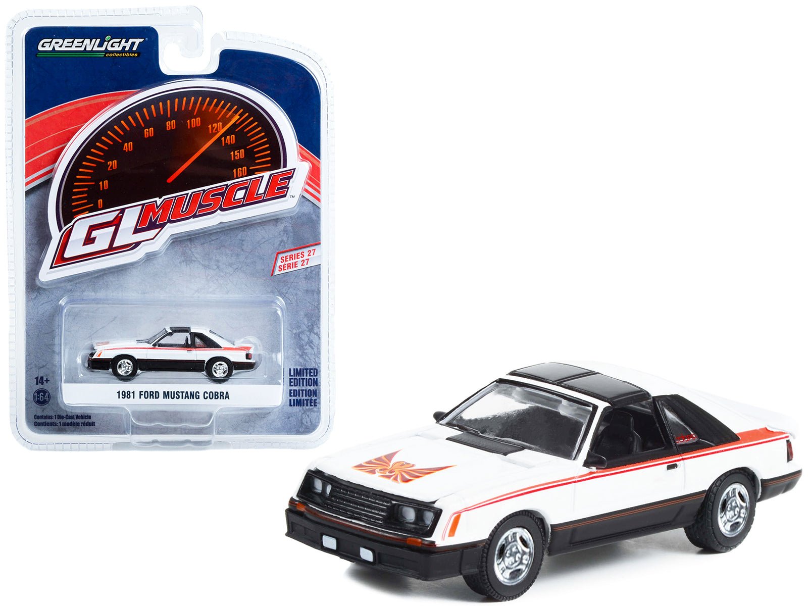 1981 Ford Mustang Cobra Polar White and Black with Red Stripes "Greenlight Muscle" Series 27 1/64 Diecast Model Car by Greenlight free shipping USA - Rapid Vehicles
