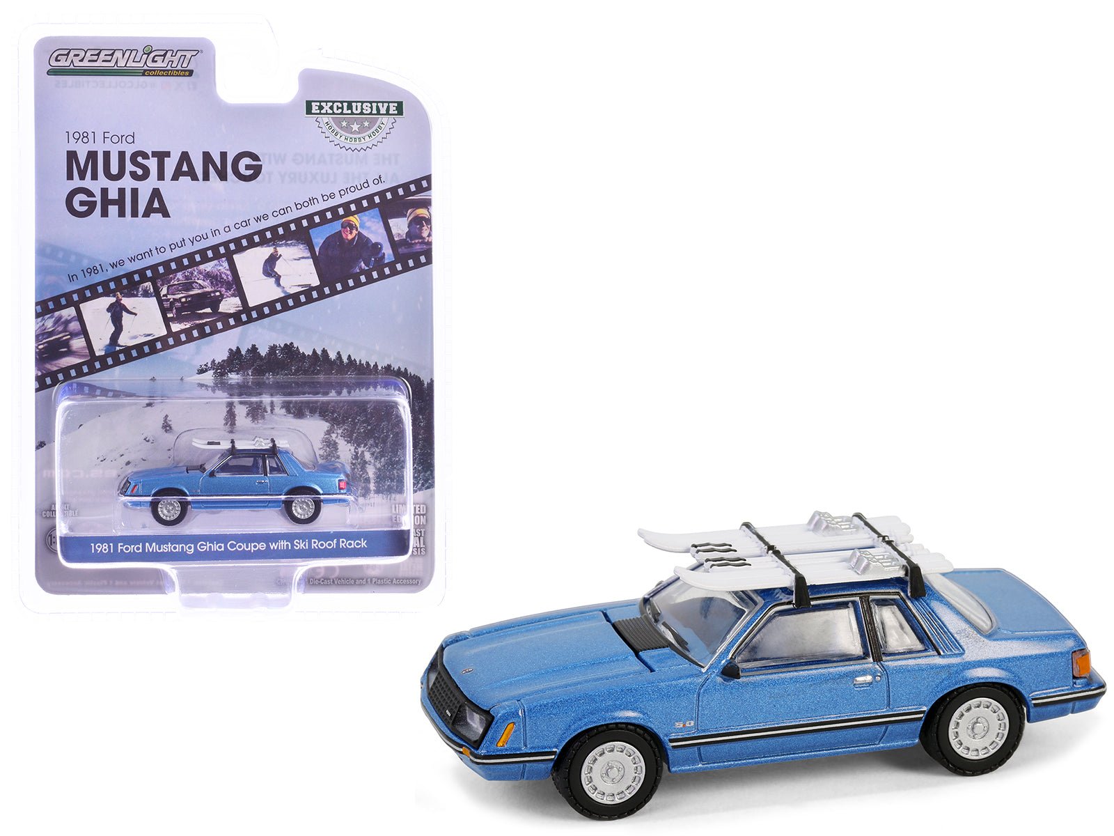 1981 Ford Mustang Ghia Coupe Blue Glow Metallic with Ski Roof Rack "Hobby Exclusive" Series 1/64 Diecast Model Car by Greenlight free shipping USA - Rapid Vehicles