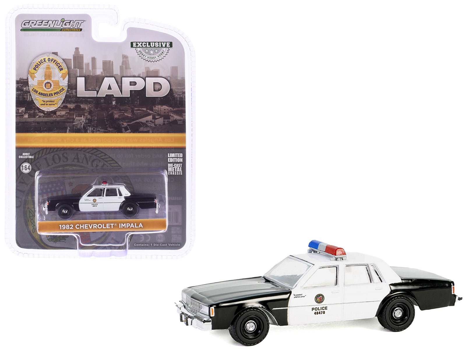 1982 Chevrolet Impala "LAPD (Los Angeles Police Department)" Black and White "Hobby Exclusive" Series 1/64 Diecast Model Car by Greenlight free shipping USA - Rapid Vehicles