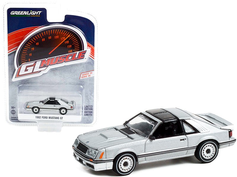 1982 Ford Mustang GT 5.0 Silver Metallic with Black Stripes "Greenlight Muscle" Series 26 1/64 Diecast Model Car by Greenlight free shipping USA - Rapid Vehicles
