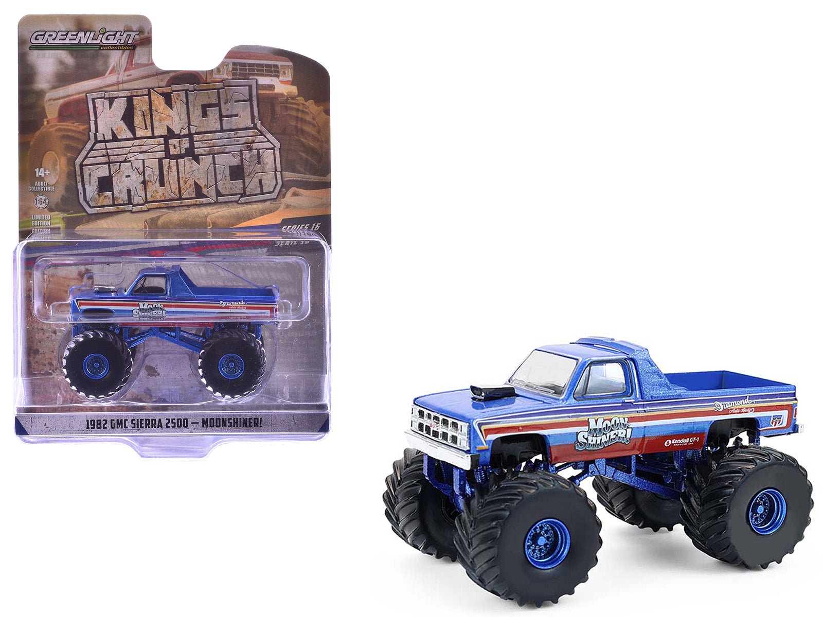 1982 GMC Sierra 2500 Monster Truck "Moonshiner!" Blue Metallic with Stripes "Kings of Crunch" Series 16 1/64 Diecast Model Car by Greenlight free shipping USA - Rapid Vehicles