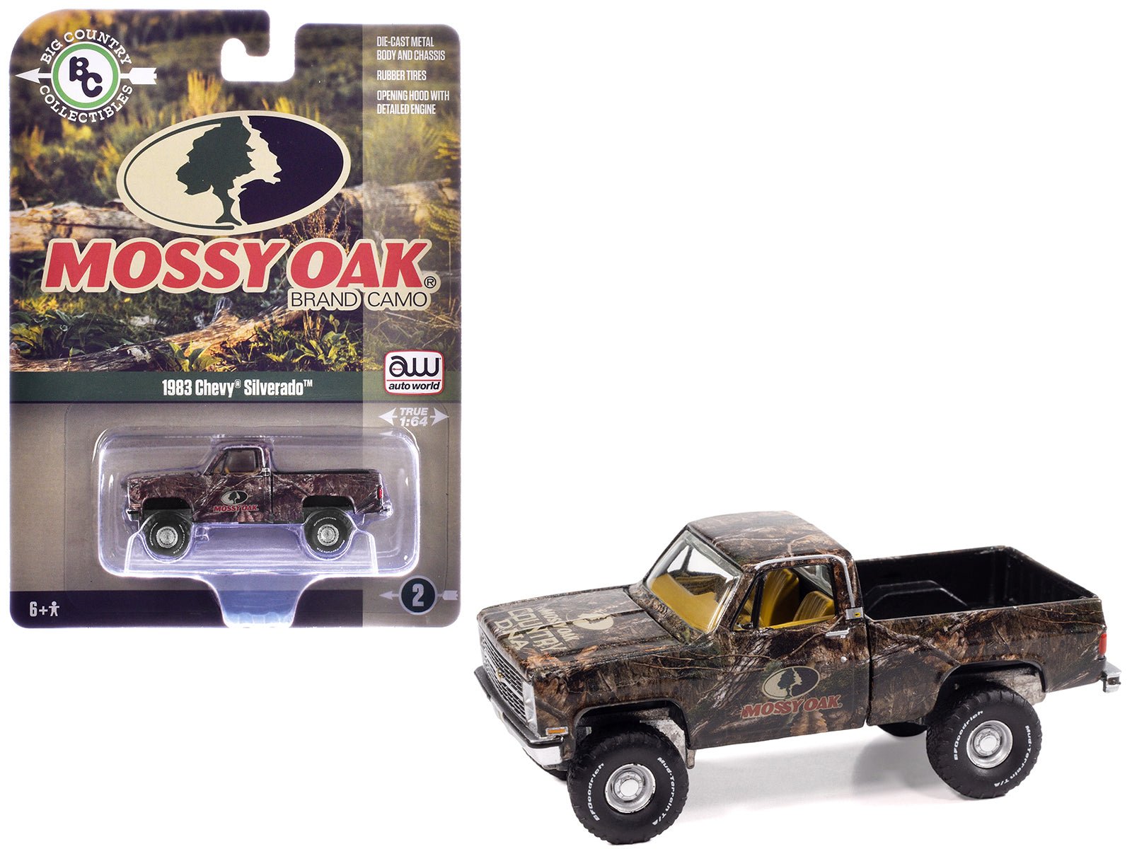 1983 Chevrolet Silverado Pickup Truck "Mossy Oak" Camouflage Livery "Big Country Collectibles" 2025 Series 1/64 Diecast Model Car by Auto World free shipping USA - Rapid Vehicles